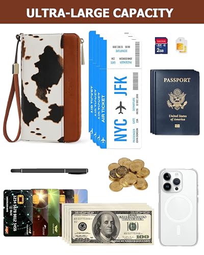 Image of Large Travel Wallet for Women (Brown Cow) | RFID Wallet for Women, Zipper Clutch Purse, Passport Holder for Travel, Multiple Card Slots, Phone Pocket, Wristlet Strap