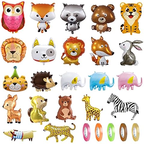 Chostky 22 PCS Jungle Animal Balloons, Foil Balloons Sets, Jungle Wildlife Theme Decor Balloons for Baby Shower Kids Birthday Party Decorations Supplies with 5 Rolls Ribbons Cover