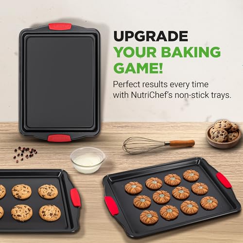 Image of NutriChef 3-Piece Large Nonstick Cookie Sheets for Baking | Premium Food-Grade Carbon Steel, Non-Stick Tray Set with Silicone Handles, Oven Safe up to 446F | Easy to Clean, 17.2 x 11.8 x 0.7 Inch