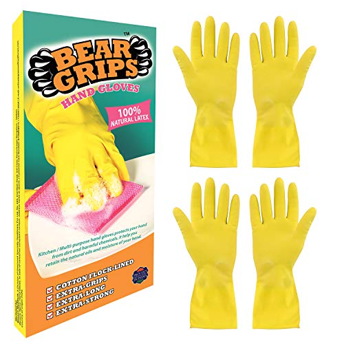 BEAR GRIPS Reusable 100% Natural Latex Rubber Dish Washing Gloves, Cleaning Gloves, Pet Grooming, gardening, Great for Washing Dish, kitchen, Car and Bathroom (Medium, Yellow, 2 Pair)
