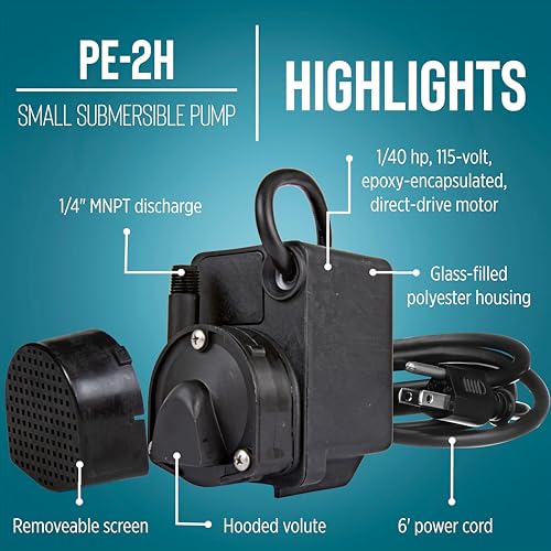 Image of Little Giant PE-2H, 115V, 300 GPH Small Submersible Fountain Pump, 6' Cord | 1 /40 HP, Keeps pump primed in shallow water, Epoxy encapsulated motor, Manual (no switch), 518400