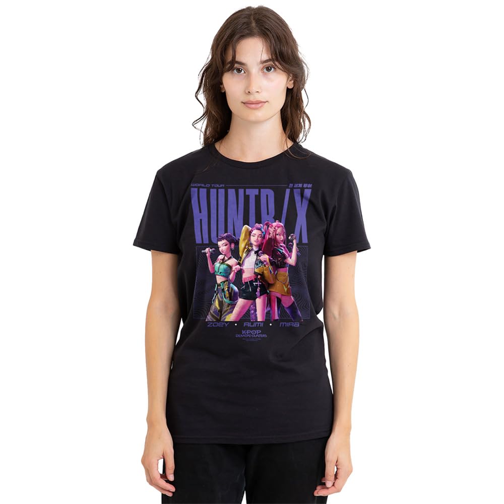 Kpop Demon Hunters Huntrix Honmoon World Tour Poster Ladies T Shirt, Black, Large