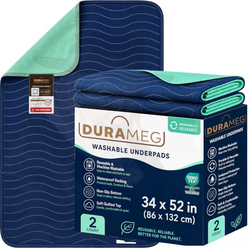 Image of DURAMEG Reusable Underpads 34x52 (2 Pack) Washable Bed Pads for Incontinence Adults, Waterproof Mattress Protector, Puppy Pads Washable, Heavy Absorbent, Leakproof, Non Slip Backing