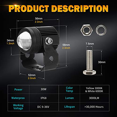 SUPAREE Motorcycle Dual Color LED Fog Driving Lights Auxiliary Lights White High Beam Yellow Low Beam Spot DRL Light for Bike Polaris Yamaha Can Am ATV UTV, 30W, 6000ML (2 PCS)