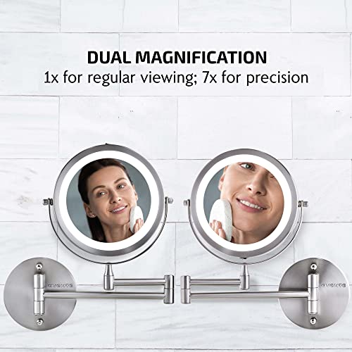 Image of OVENTE 7 inch Wall Mounted Lighted Makeup Mirror, Polished Chrome MFW70CH1X7X | Cordless Double Sided 1X /7X Magnifying Mirror for Bathroom with LED Lights, 360 Rotation, Extendable Arm, Battery Operated