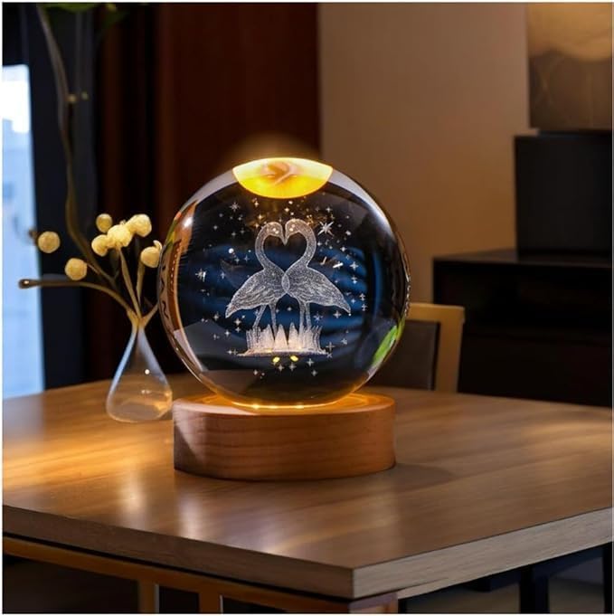 Image of 3D Crystal Ball LED Night Lamp with Wooden Base | Warm Light Bedside Table Lamp for Bedroom, Living Room, Kids Room, Study, Home Decoration & Gifting (K Flamingo)