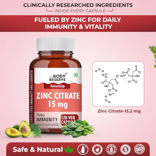 Image of The Body Reserve Zinc Citrate - High Absorption Zinc Supplement for women & men | Supports Immunity & Antioxidant Support, 120 Veg Capsules