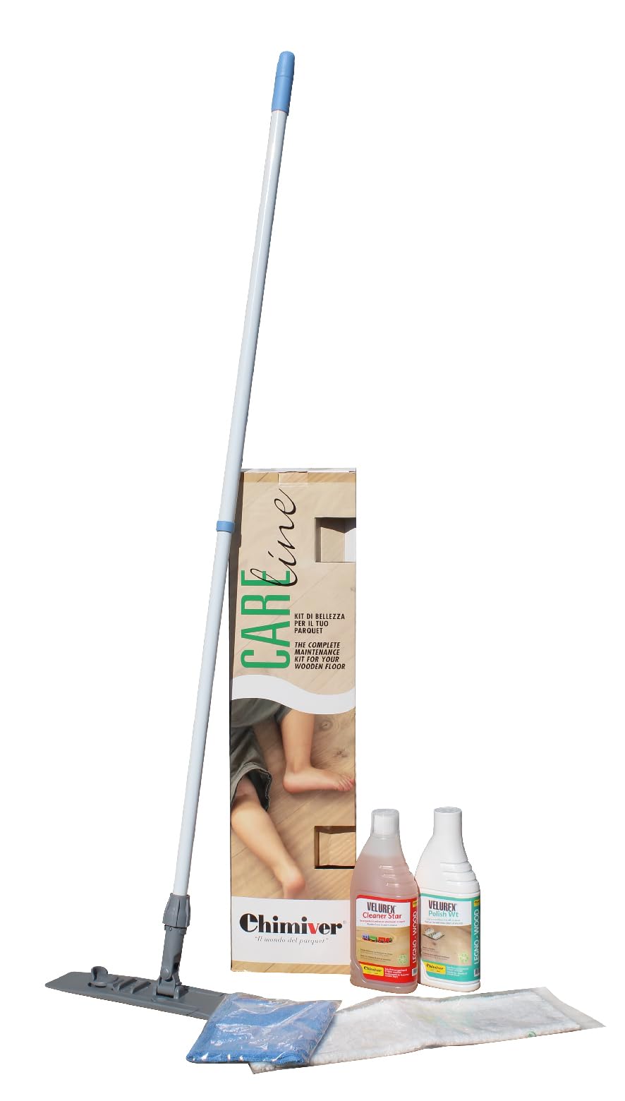 CHIMIVER KIT BELLEZZA Parquet Verniciati - 1L Velurex Cleaner Star + 1L Polish WT + 1 Scopa Lavapavimenti + 2 Panni