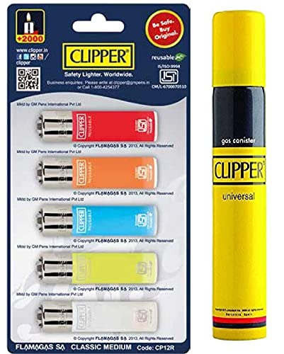 Clipper Refillable Cigarette Lighters (CP12)- 5 PCS + 100ml Gas Can