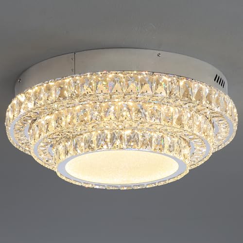 WOSOHYUN Modern Luxury Silver Crystal Flush Mount Ceiling Light 20"
