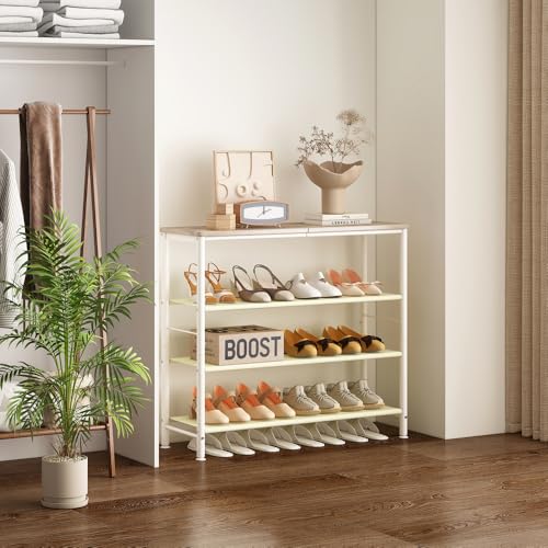 Image of INGIORDAR Shoe Rack Organizer 5 Tier Metal Organizer Shelf with Industrial MDF Board and Layer Fabric for Entryway Closet Bedroom Living Room Garage (White, 4 Tier)