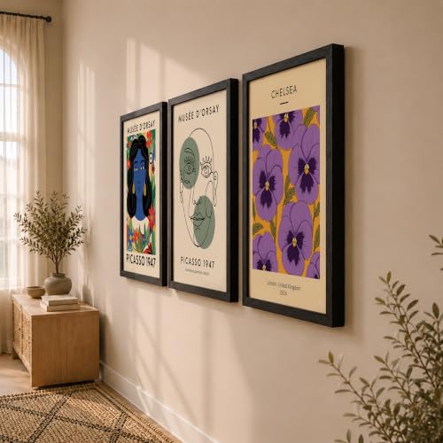 Image of NoWorries Modern Abstract Wall Art Frame | London Chelsea Floral Print & Picasso' Inspired Wall Art Paintings 300 GSM Premium Prints | Stylish Home Decor for Living Room, Office & Bedroom | Synthetic Wooden Wall Art Frames (Set of-3) (BLACK, ART-10, 25X37INCHES)