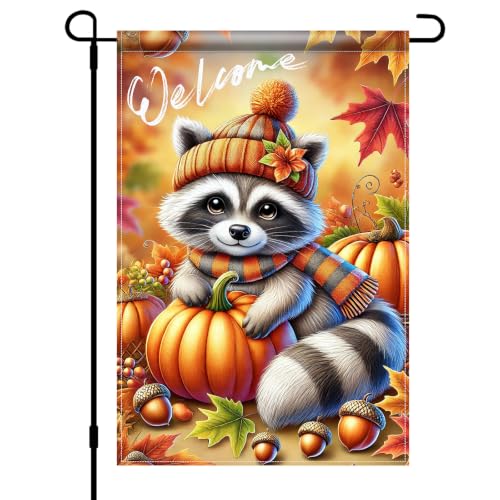Image of BlissYard Fall Garden Flag 12x18 Inch Cute Raccoon Pumpkin Welcome Decor | Double sided polyester, fall raccoon pumpkin design, cozy woodland decor for Thanksgiving porch and yard
