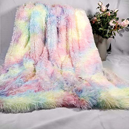 Image of Plush Super Soft Blanket Colorful Bedding Sofa Cover Furry Fuzzy Fur Warm Throw Cozy Couch Blanket for Winter (51"x63", Rainbow)