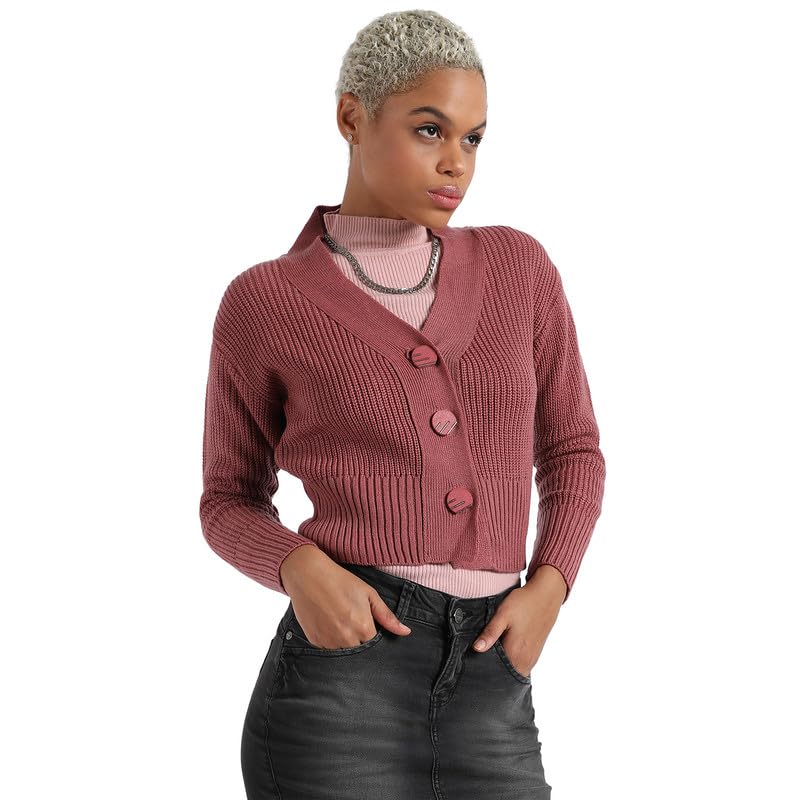 Image of PINACOLADA Women's Solid Ribbed Cropped CardiganFor Casual Wear | V Neck | Long Sleeve | Wool Sweater Crafted with Comfort Fit for Everyday Wear