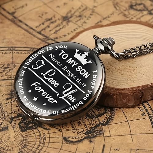 Image of Vintage Gandhi Style Pocket Watch with Engraved Designs & Messages Royal Black Analog for Men Women & Kids Includes Key Ring for car or Bike Keys Ideal Gift