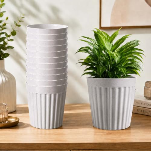 Image of Go Hooked Round Planter Pot (8Inch, Pack of 10) | White Marble Texture Stylish Modern Ribbed Design | Decorative Indoor Outdoor Plastic Flower Pots for Balcony Living Room Garden Home & Office Decor