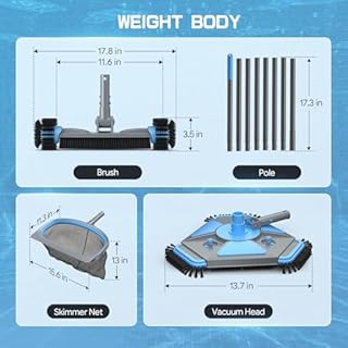 UIRWAY 4-in-1 Deluxe Swimming Pool Cleaning Kit - Includes Upgrade Triangular Pool Vacuum Head, Detachable Brush, Deep Leaf Skimmer Net, Adjustable Aluminum Pole Inground & Above Ground Pools
