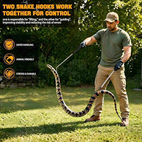 Image of 2pcs Snake Hook Set, Heavy Duty Snake Catcher Stainless Steel Snake Handling Tool for Moving Ball Rattlesnakes Python Copperhead with Long Handle (65inch&26inch)