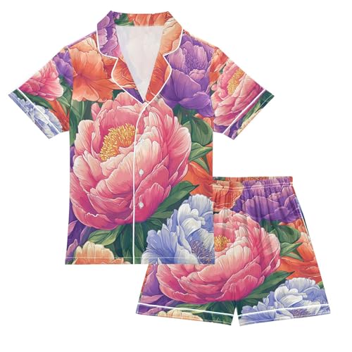 Satin Pajama Sets Short Sleeve Floral Pattern with Colors Button Down Silky Nightwear 2 Piece PJS 5-14Y