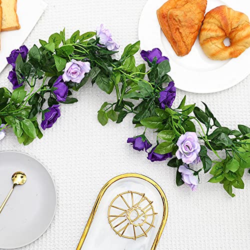 Justoyou 2Pcs Fake Rose Garland, 7.9Ft Artificial Vines Flowers Hanging Silk Rose Vine Wedding Home Office Arch Arrangement Decoration (Purple) #TOP3