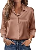 Beyove Blusa de satén de seda con cuello en V, elegante, manga larga, para negocios, con botones, suelta, manga larga, marrón claro, XXL