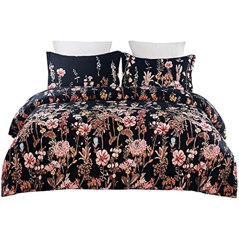 YEPINS Lightweight Microfiber Duvet Cover Set with Zipper Closure, Print Floral Pattern Design, Black and Pink Colour- Double Size(200X200cm) Cover