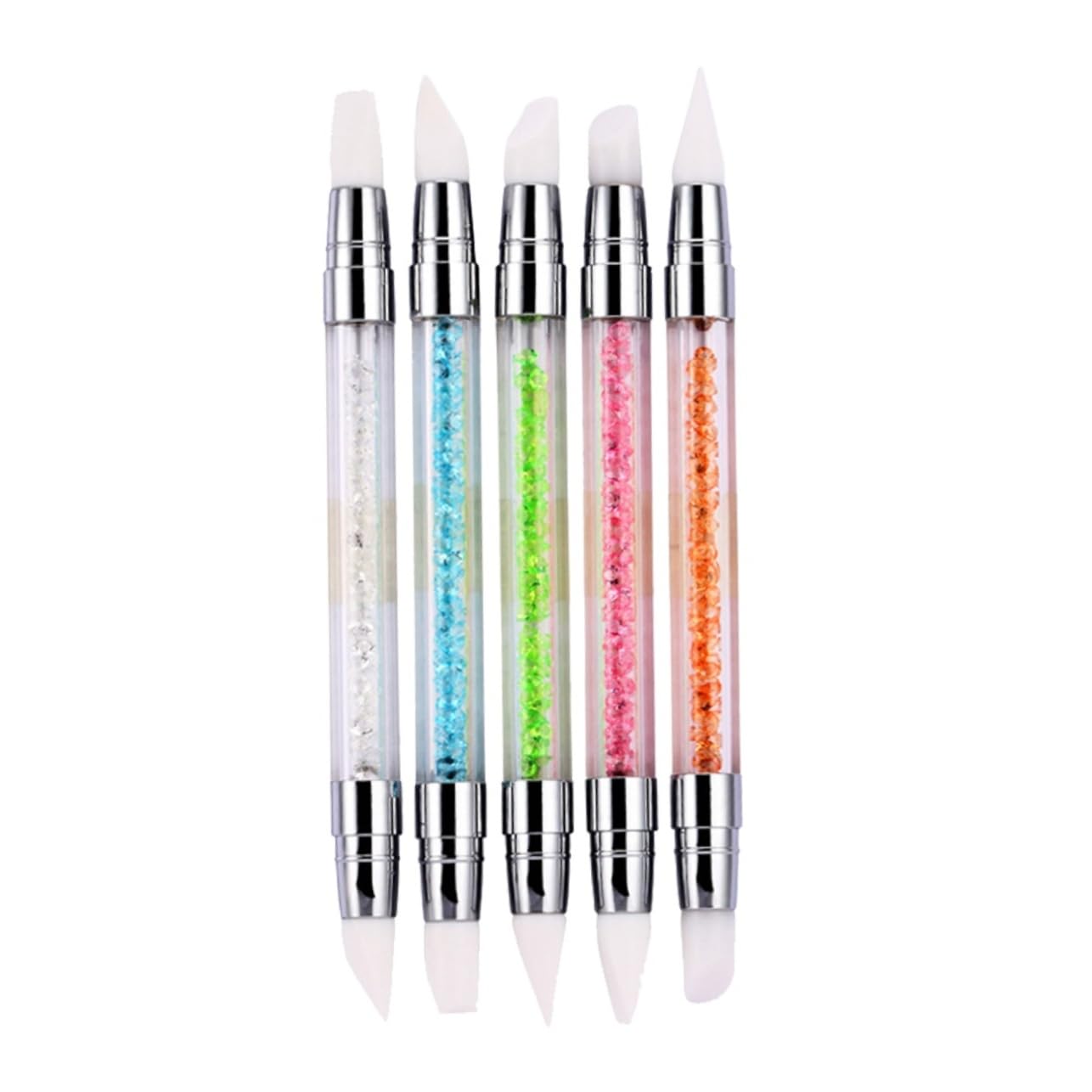 OSOLADY 5Pcs Double Ended Silicone Nail Art Brush with Diamond Handle Manicure Tool for Painting Carving and Drawing Fine Lines Durable Design
