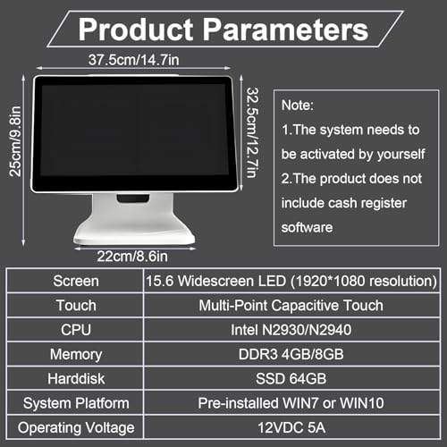 Image of Touch Screen Cash Register Monitor,15.6 inch Touch Screen PC POS,Cash Register for Small Businesses, Retail, Restaurant, Retail, Cafe 4GB