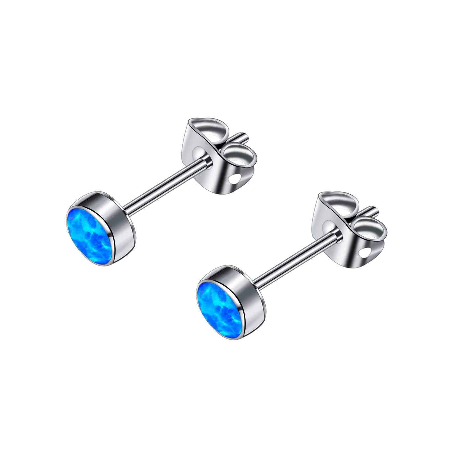 FACOKOEarrings for Women, Titanium Opal Stud, Non-Nickel Earring, Hypoallergenic Earrings 3mm 4mm 5mm 7mm Round Birthstone Earring Studs for Sensitive Ears