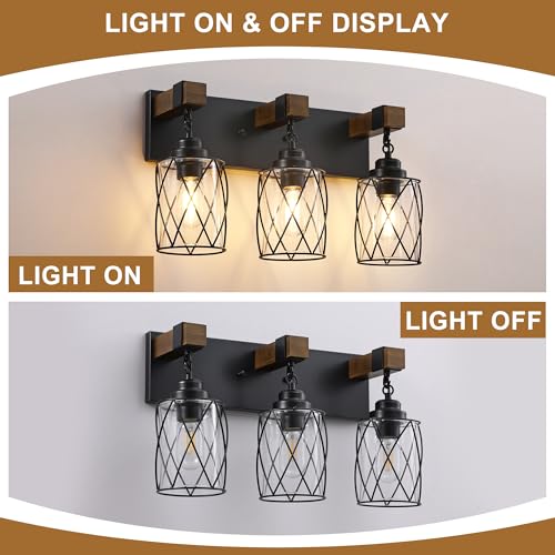 Image of Farmhouse Bathroom Light Fixtures, 3 Light Bathroom Vanity Light with Metal and Glass Lampshade, Wood Rustic Lighting Fixtures Over Mirror, Black Wall Sconces for Living Room, Bedroom