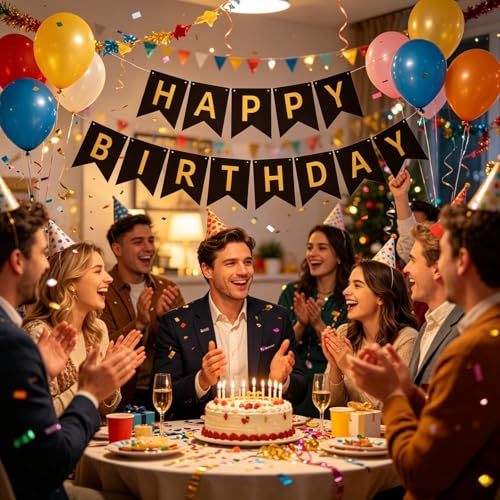 Image of Happy Birthday Banner Birthday Party Supplies (Black Gold)