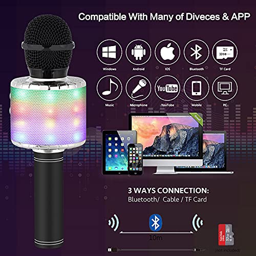 Milerong Karaoke Microphone for Kids Singing,5 in 1 Wireless Bluetooth Microphone with Led Lights Karaoke Machine Portable Mic Speaker Player Recorder for Home Party Birthday Black (Image - 7)