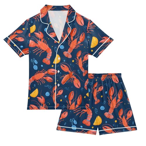 ALAZA Lobster Lemon Blue Satin Pajamas Set Short Sleeve Button Down Sleepwear Summer Pjs 2 Piece