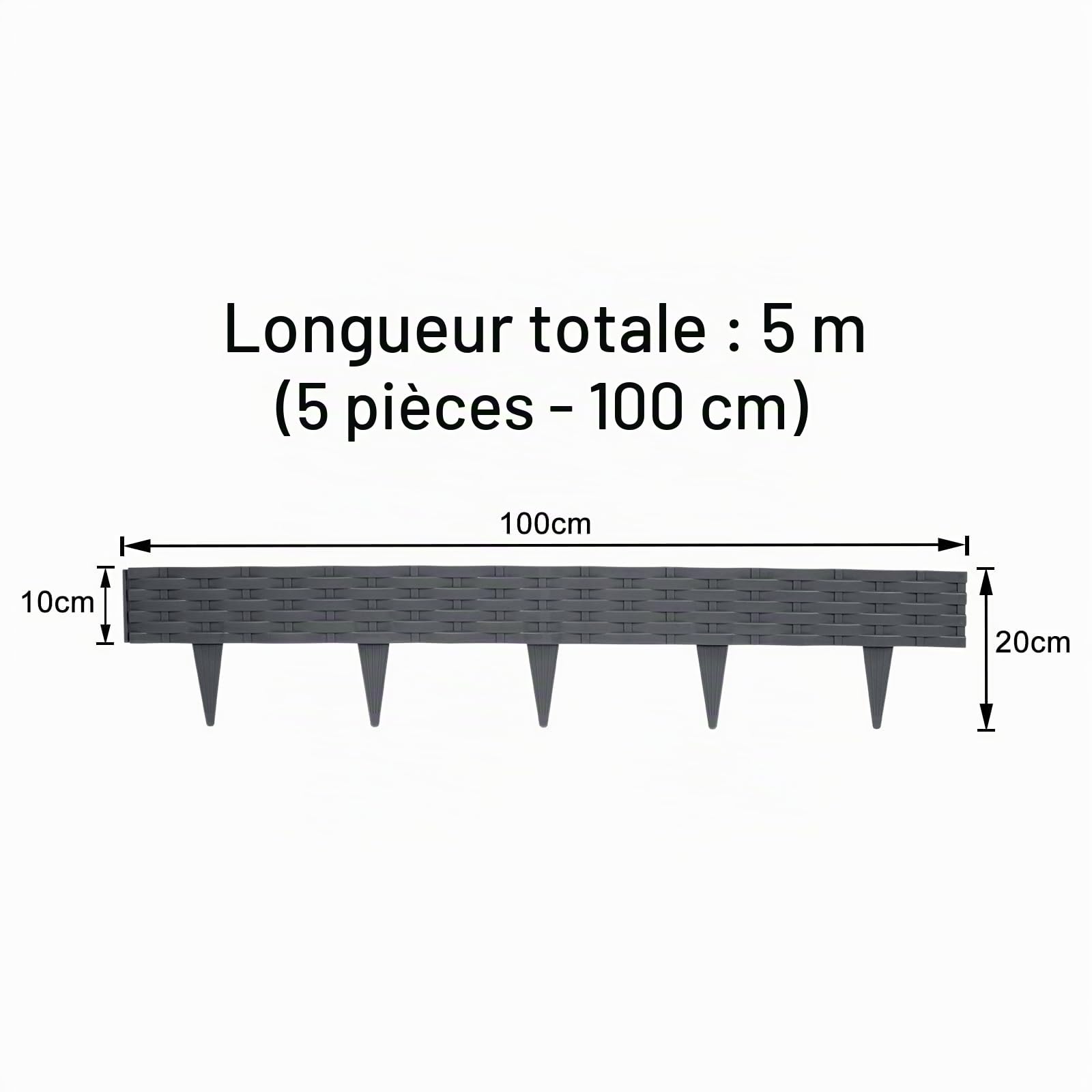 Lot de 5 bordures de pelouse en plastique aspect rotin - 5 m - 100 x 20 cm - Anthracite
