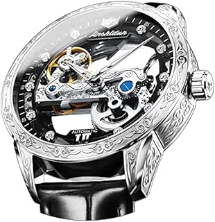 Men's Mechanical Skeleton Silver Watches Luxury Dress Black Leather Strap Automatic Self Winding Waterproof Luminous Wrist Watches