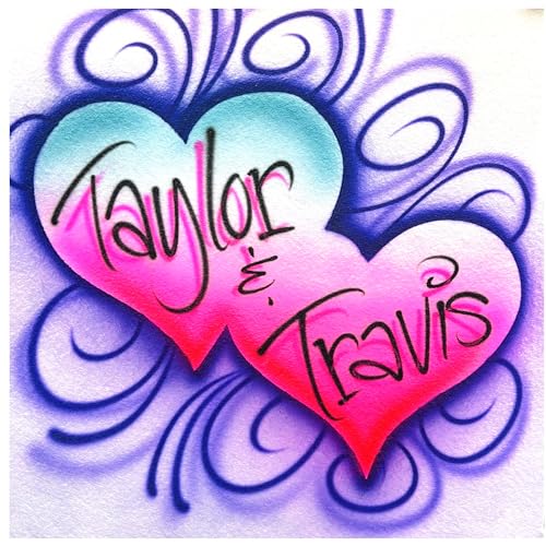 Double Hearts Airbrush T Shirt, Couples Design, Pink and Turquoise with Purple Swirls