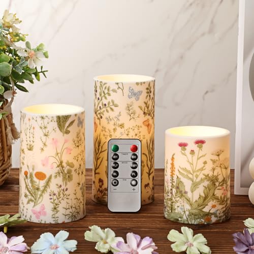 Image of Baquler Wildflowers Floral Glass Flameless Candles with Remote Timer Battery Operated LED Flickering Pillar Spring Summer Butterfly Dinner Holiday Decor