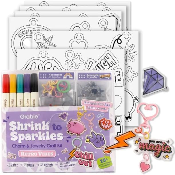 Grabie Kit de manualidades para manualidades para niños y adultos, más de 25 formas precortadas, 5 marcadores de doble punta, dijes personalizados, pines, anillos, llaveros (vibras retro, apto para