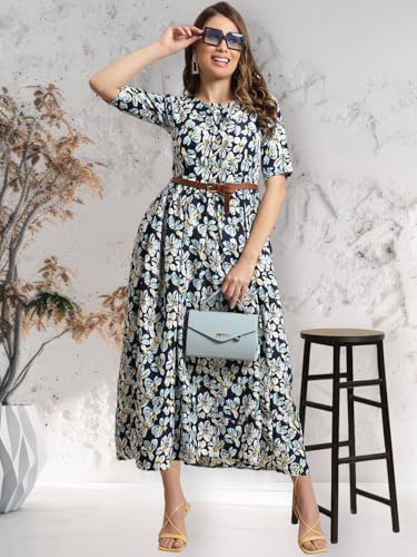 Preneum Women's Georgette Floral Printed 3/4 Slevees A-Line Fit & Flare Gown With Beltindo-Western Ethnic Gown || A-Line Maxi Dress Casual Wear || Fit & Flare Flared Hem Design, Sky Blue, S