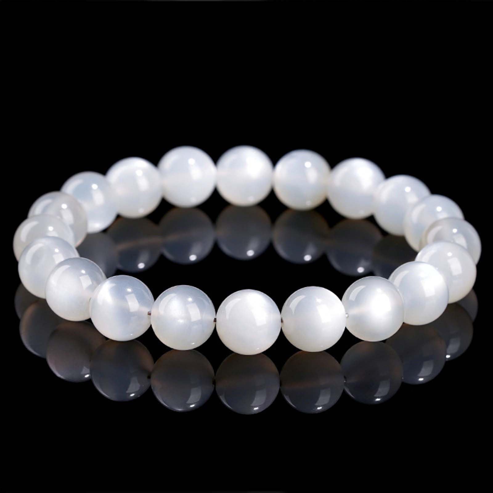 Elegante Pulsera de Cuentas Redondas de Piedra Lunar Blanca