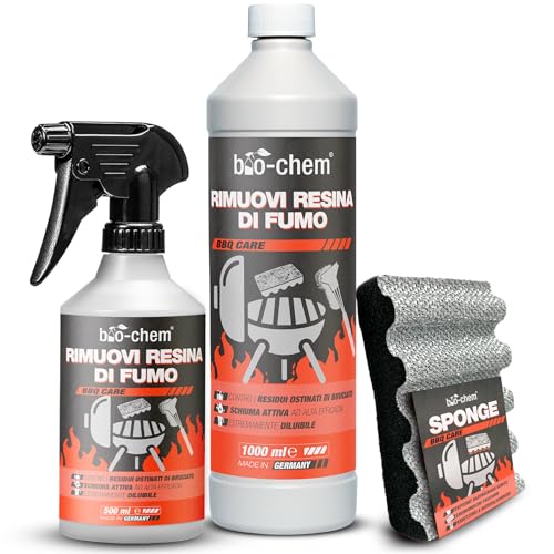 bio-chem - Rimuovi Resina per fumi 1L + 500ml + Spugna - Pulitore sgrassante 2 in 1 Pulitore di Resina Spray per Griglie e Barbecue - Manutenzione della griglia del Barbecue