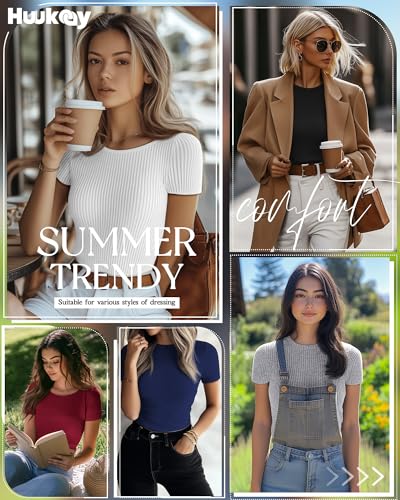 Huukeay 5 Pack Women's Ribbed Cotton Tops Short Sleeve Fitted Slim T-Shirts Crew Neck Casual Basic Summer Tight Tees2