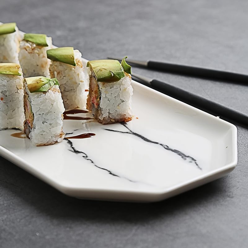 Piatti Cena Piatto da sushi rettangolare con motivo in marmo irregolare, piatto piano in ceramica, piatto for cibo occidentale, stoviglie for hotel e ristoranti Forniture Per Feste