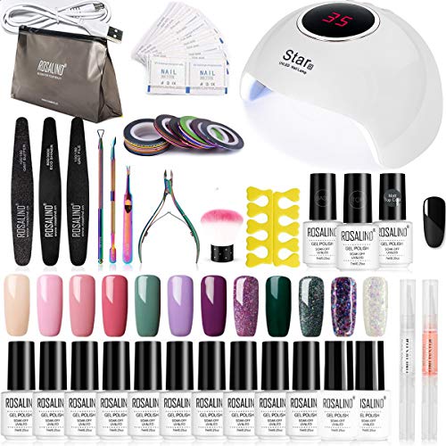 ROSALIDN 24W Secador de Uñas UV/LED Lámpara Uñas Kit Uñas de Gel 12PCS Esmalte de Uñas Semipermanente Soak-off 7ml Uñas de Gel Base Coat Top Coat Accesorio de Uña Arte (05)