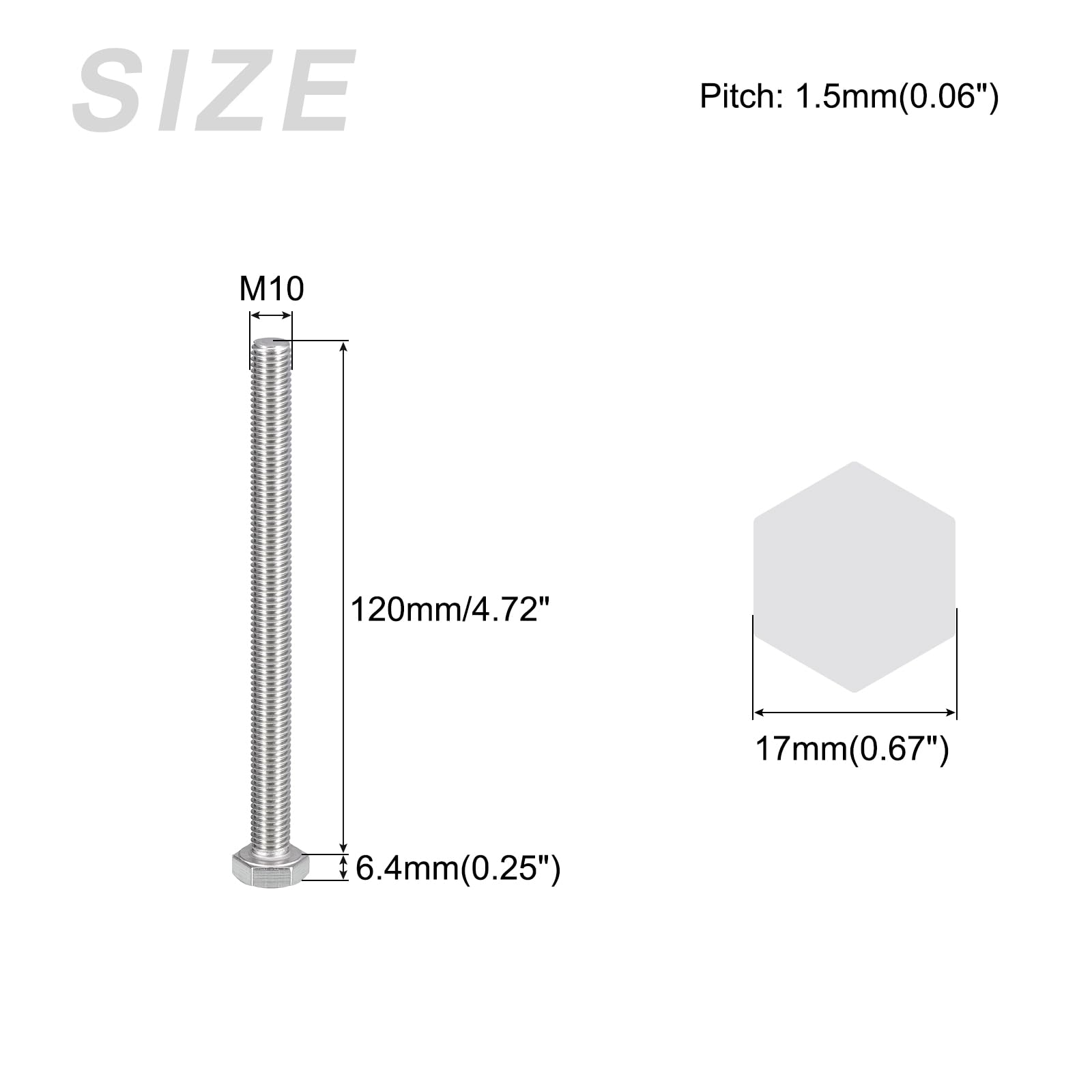 METALLIXITY Hex Bolts (M10-1.5x120mm) 2Pcs, 304 Stainless Steel Coarse Fully Threaded Hex Head Screw Bolt Machine Screws - Image 2