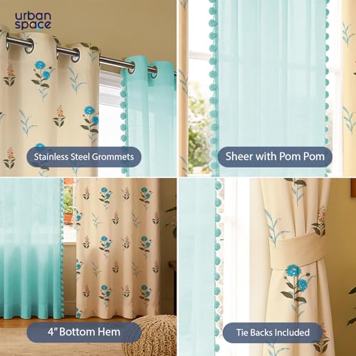 Image of Urban Space Printed 100% Cotton Curtain for Door, Cotton & Sheer Combo Set of 3 Curtains 7 Feet Long, Tieback & Eyelets Included with Curtains for Room Darkening (Coneflower Blue & Aqua pom pom)