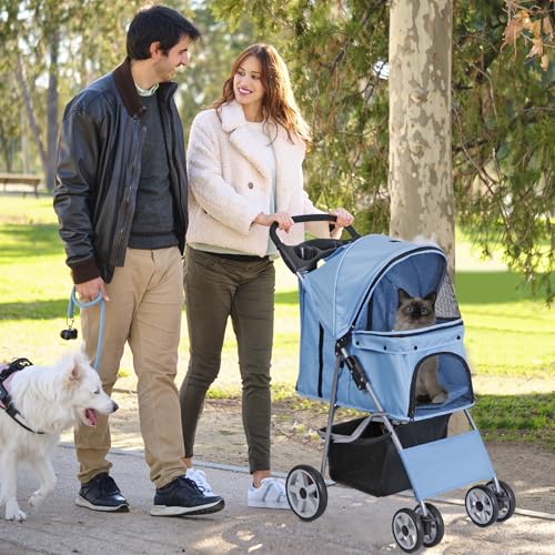 Image of ZENY Foldable Pet Stroller, Cat /Dog Stroller with 4 Wheel, Pet Travel Carrier Strolling Cart with Storage Basket, Cup Holder (Blue)