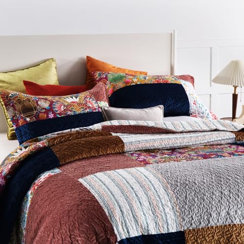 Secgo Queen Comforter Set for Bed - 100% Cotton Quilts Queen Size, Black Bedspreads (90 * 98 Inch) with 2 Pillow Shams, Patchwork Reversible Lightweight Bedding