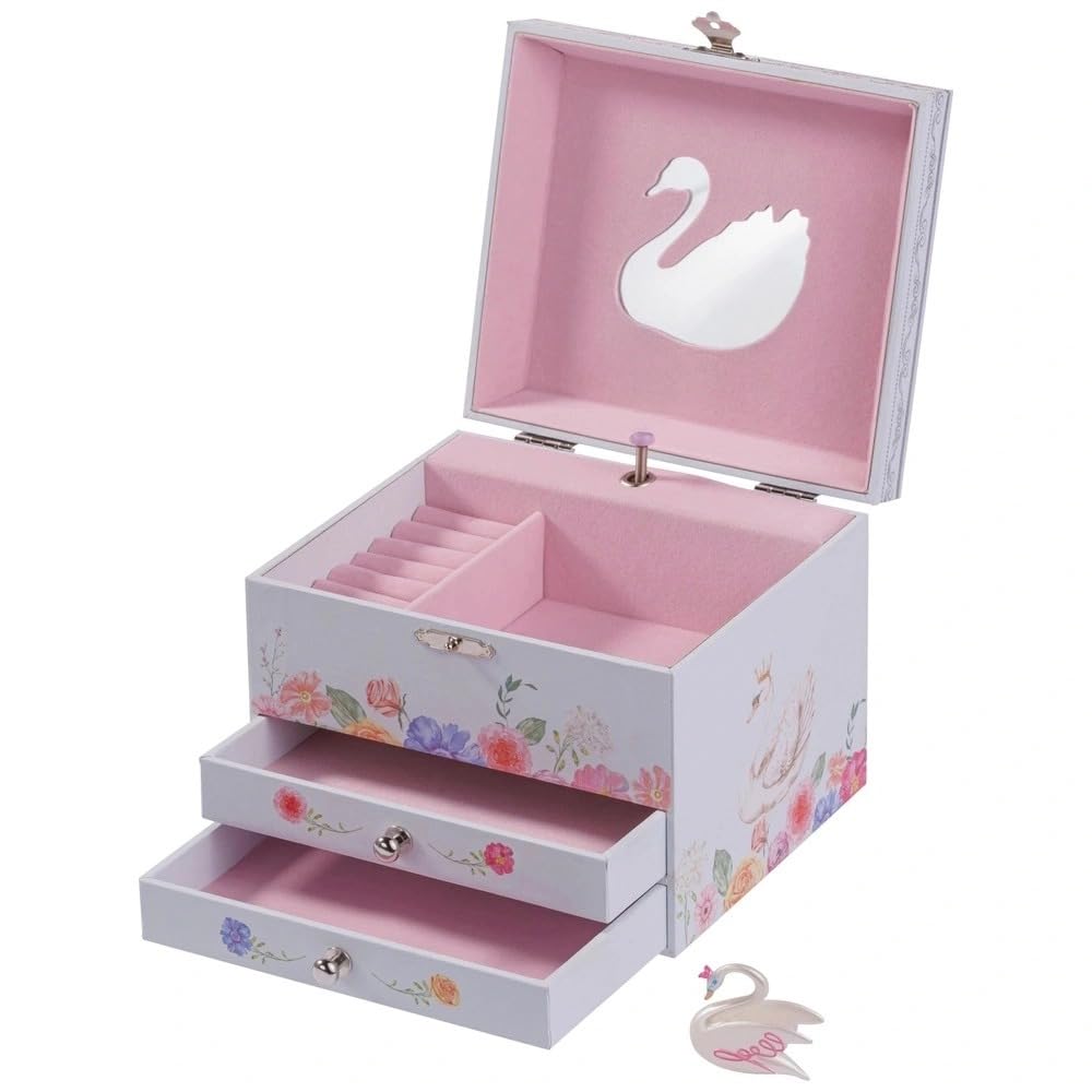 Aidni Girls Pink Swan Lake Musical Jewellery Box For Wooden Jewellery Storage Box With Dancing Swan, Mirror And Drawers, Keepsake Jewellery Organiser